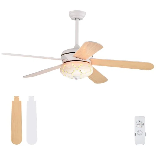 Ventilateur de Plafond 132 cm 3 Vitesses Minuterie 1-8H 5 Pales Réversibles Télécommande 2 Tiges Descendantes Blanc