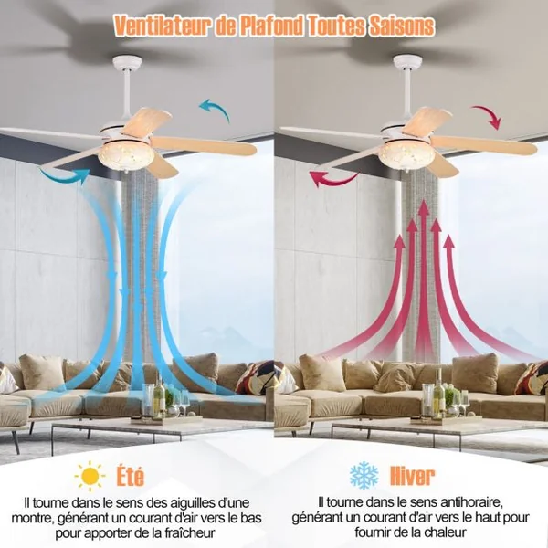 Ventilateur de Plafond 132 cm 3 Vitesses Minuterie 1-8H 5 Pales Réversibles Télécommande 2 Tiges Descendantes Blanc