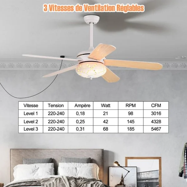 Ventilateur de Plafond 132 cm 3 Vitesses Minuterie 1-8H 5 Pales Réversibles Télécommande 2 Tiges Descendantes Blanc