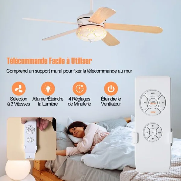 Ventilateur de Plafond 132 cm 3 Vitesses Minuterie 1-8H 5 Pales Réversibles Télécommande 2 Tiges Descendantes Blanc