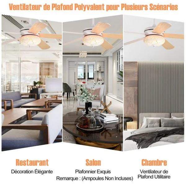 Ventilateur de Plafond 132 cm 3 Vitesses Minuterie 1-8H 5 Pales Réversibles Télécommande 2 Tiges Descendantes Blanc