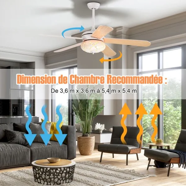 Ventilateur de Plafond 132 cm 3 Vitesses Minuterie 1-8H 5 Pales Réversibles Télécommande 2 Tiges Descendantes Blanc