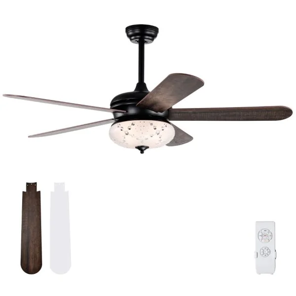Ventilateur de Plafond 132 cm 3 Vitesses Minuterie 1-8H 5 Pales Réversibles Télécommande 2 Tiges Descendantes Noyer Rouge