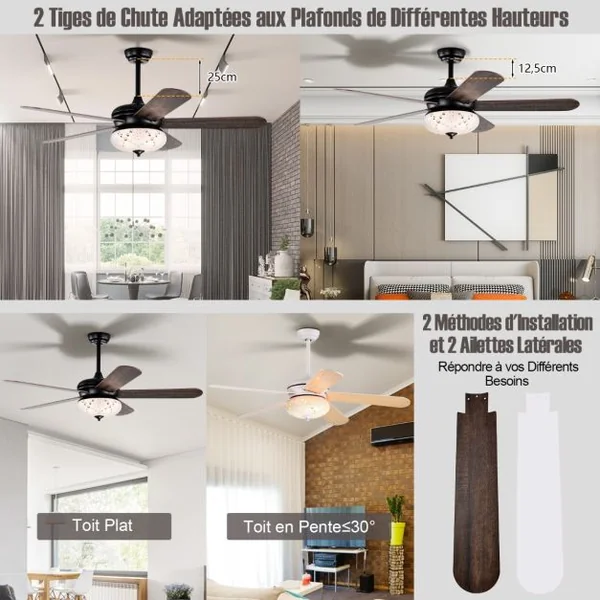 Ventilateur de Plafond 132 cm 3 Vitesses Minuterie 1-8H 5 Pales Réversibles Télécommande 2 Tiges Descendantes Noyer Rouge