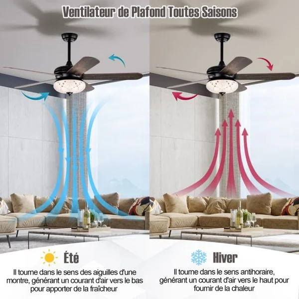 Ventilateur de Plafond 132 cm 3 Vitesses Minuterie 1-8H 5 Pales Réversibles Télécommande 2 Tiges Descendantes Noyer Rouge