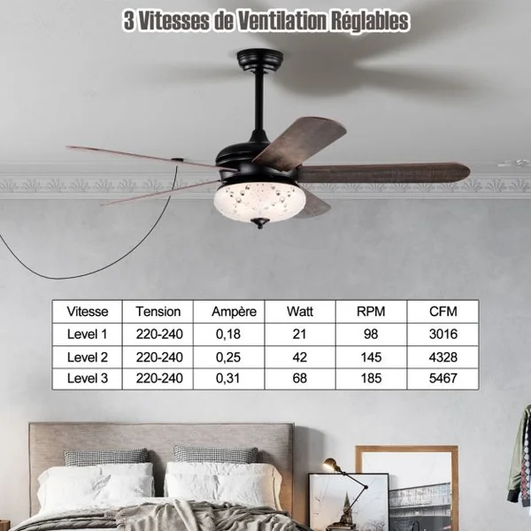 Ventilateur de Plafond 132 cm 3 Vitesses Minuterie 1-8H 5 Pales Réversibles Télécommande 2 Tiges Descendantes Noyer Rouge