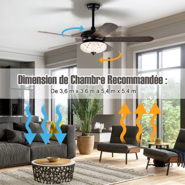 Ventilateur de Plafond 132 cm 3 Vitesses Minuterie 1-8H 5 Pales Réversibles Télécommande 2 Tiges Descendantes Noyer Rouge