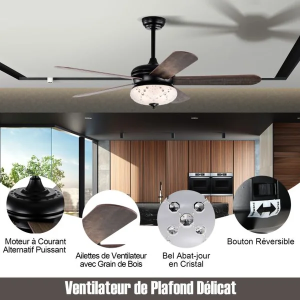 Ventilateur de Plafond 132 cm 3 Vitesses Minuterie 1-8H 5 Pales Réversibles Télécommande 2 Tiges Descendantes Noyer Rouge