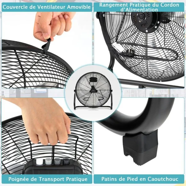 Ventilateur de Sol 51 cm à 3 Vitesses 160W Ventilateur Industriel avec Angle D'inclinaison Réglable à 145° Noir