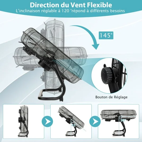 Ventilateur de Sol 51 cm à 3 Vitesses 160W Ventilateur Industriel avec Angle D'inclinaison Réglable à 145° Noir