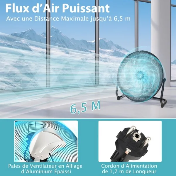 Ventilateur de Sol 51 cm à 3 Vitesses 160W Ventilateur Industriel avec Angle D'inclinaison Réglable à 145° Noir