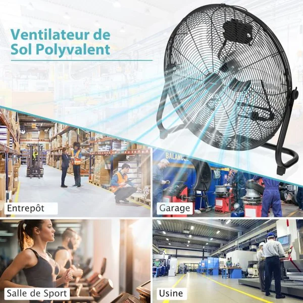 Ventilateur de Sol 51 cm à 3 Vitesses 160W Ventilateur Industriel avec Angle D'inclinaison Réglable à 145° Noir
