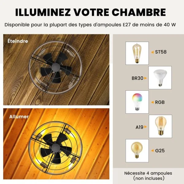 Ventilateur Plafond de 50W avec Lumières Plafonnier Ventilateur à Grille avec 3 Vitesses Réversibles Minuterie 4h Télécommande Ampoules E27 Non Inclus Café