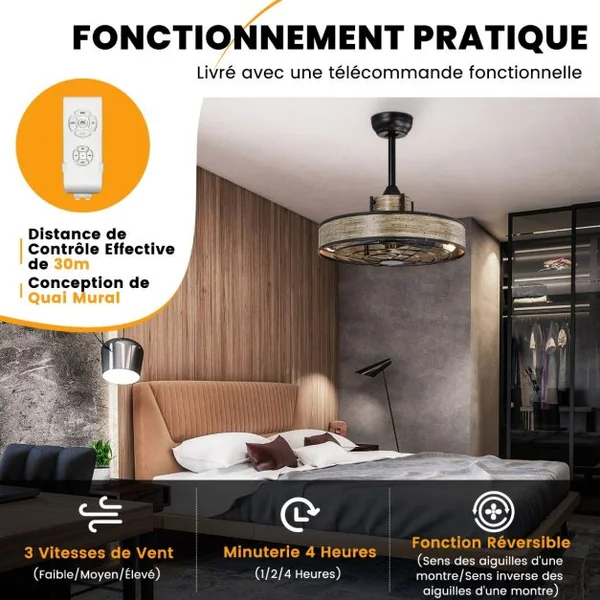 Ventilateur Plafond de 50W avec Lumières Plafonnier Ventilateur à Grille avec 3 Vitesses Réversibles Minuterie 4h Télécommande Ampoules E27 Non Inclus Café