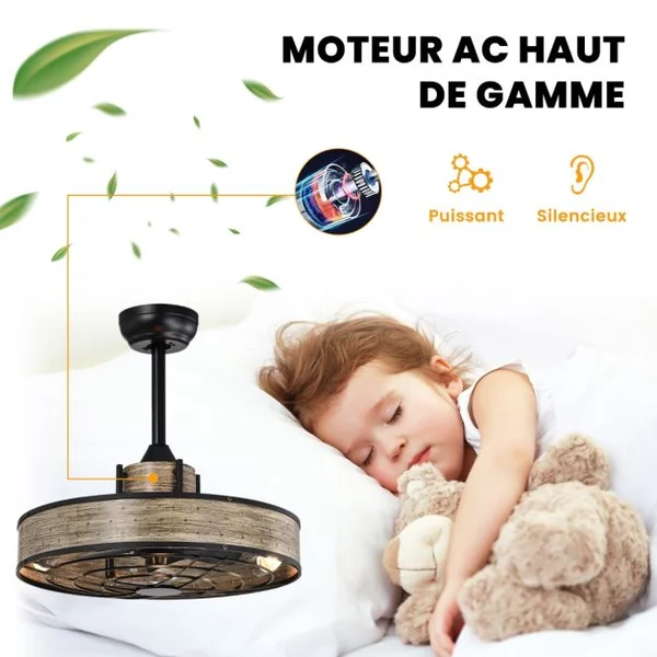 Ventilateur Plafond de 50W avec Lumières Plafonnier Ventilateur à Grille avec 3 Vitesses Réversibles Minuterie 4h Télécommande Ampoules E27 Non Inclus Café