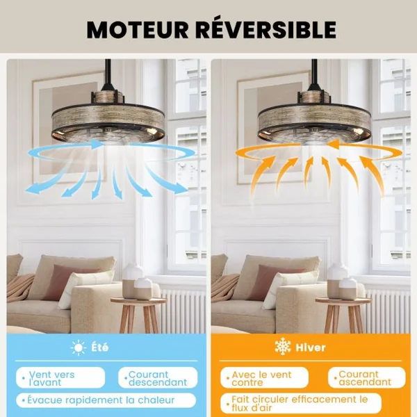 Ventilateur Plafond de 50W avec Lumières Plafonnier Ventilateur à Grille avec 3 Vitesses Réversibles Minuterie 4h Télécommande Ampoules E27 Non Inclus Café