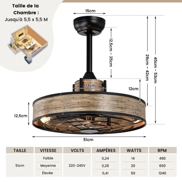 Ventilateur Plafond de 50W avec Lumières Plafonnier Ventilateur à Grille avec 3 Vitesses Réversibles Minuterie 4h Télécommande Ampoules E27 Non Inclus Café