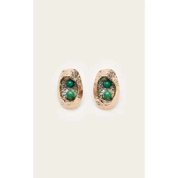 Vert Boucles D'oreilles Clous Ovales Texturées Dorées Avec Perle De Jade