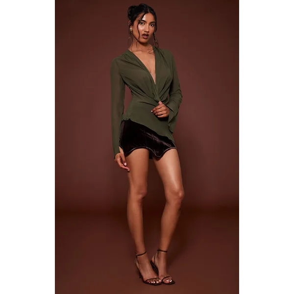 Vert Foncé Blouse En Mousseline À Col Bénitier Et Décolleté Plongeant