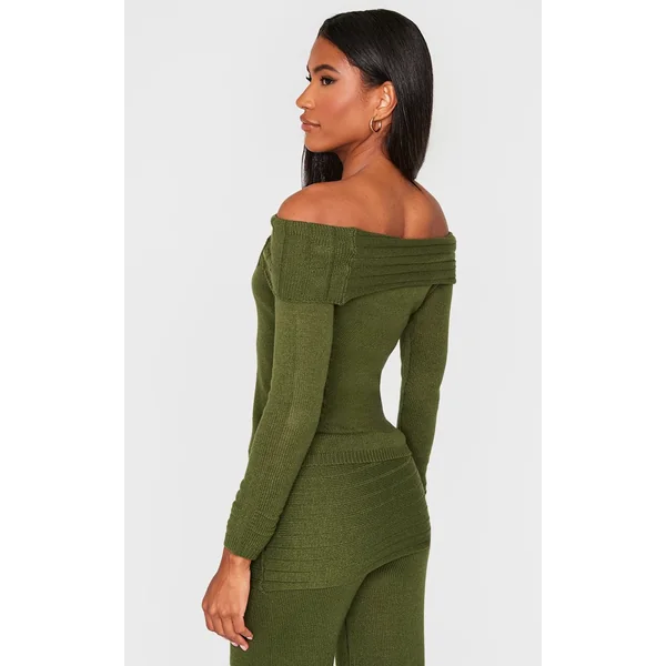 Vert Forêt Haut Asymétrique En Maille À Col Replié