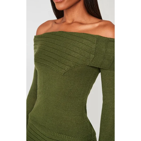 Vert Forêt Haut Asymétrique En Maille À Col Replié