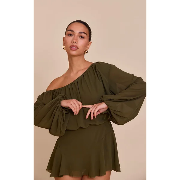 Vert Olive Combi-short Jupe-culotte En Mousseline Vert Foncé À Une Épaule Avec Détail Flottant