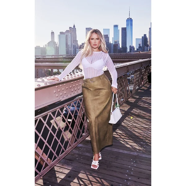 Vert Olive Jupe Longue Premium En Synthétiquecuir Effet Vieilli Avec Ceinture