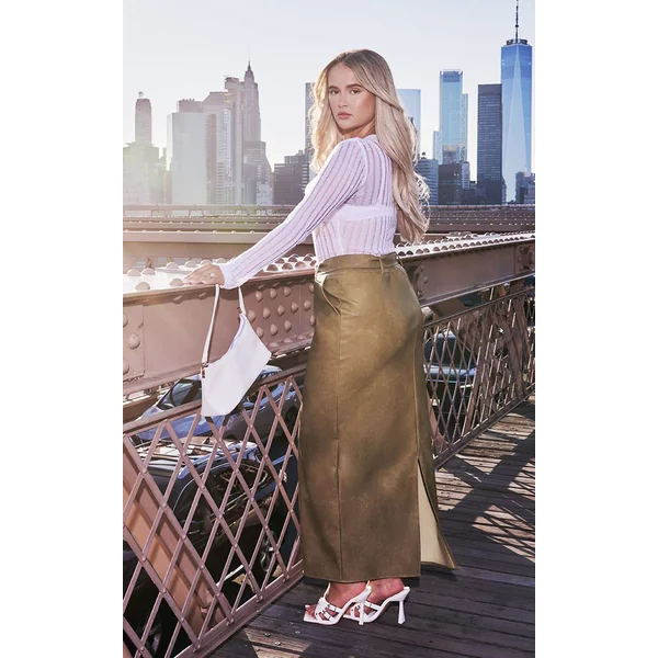 Vert Olive Jupe Longue Premium En Synthétiquecuir Effet Vieilli Avec Ceinture