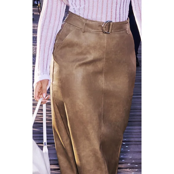 Vert Olive Jupe Longue Premium En Synthétiquecuir Effet Vieilli Avec Ceinture
