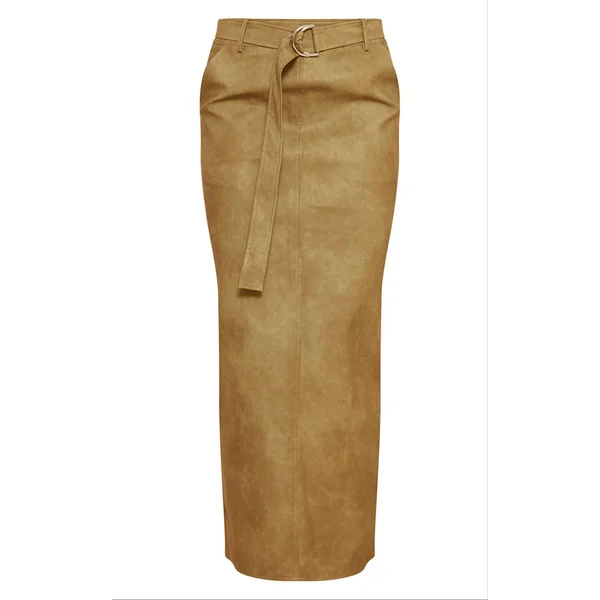 Vert Olive Jupe Longue Premium En Synthétiquecuir Effet Vieilli Avec Ceinture