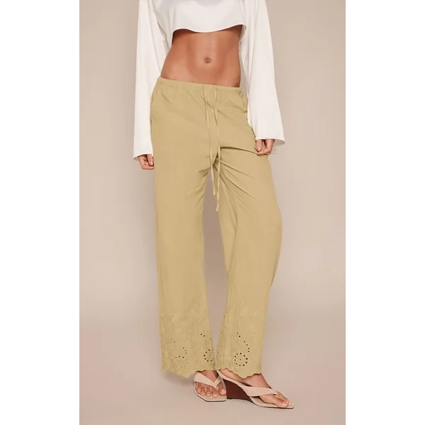 Vert Olive Pantalon Droit À Cordon Avec Détail Broderie Anglaise