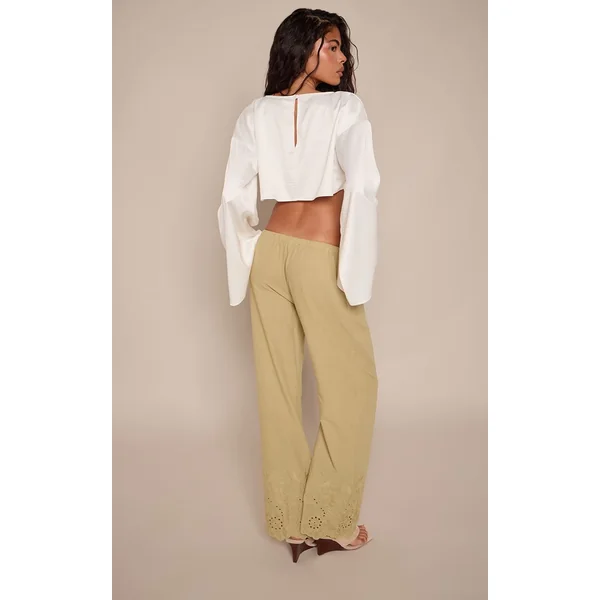 Vert Olive Pantalon Droit À Cordon Avec Détail Broderie Anglaise