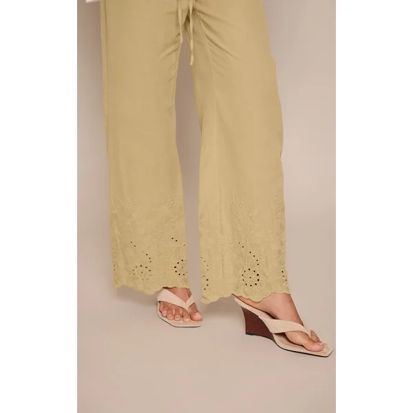 Vert Olive Pantalon Droit À Cordon Avec Détail Broderie Anglaise