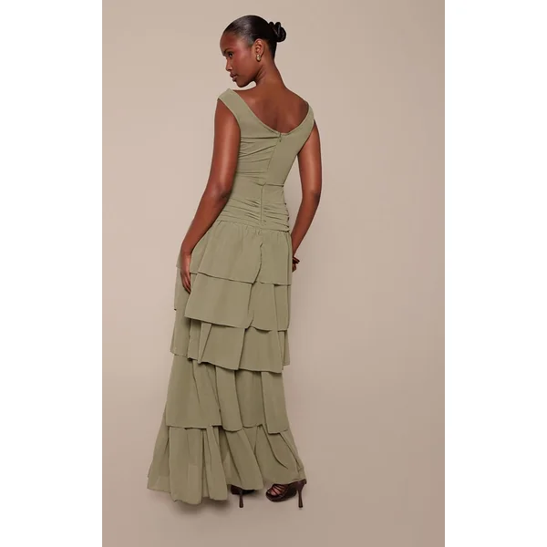 Vert Olive Robe Longue Évasée À Taille Basse Et Encolure Bardot