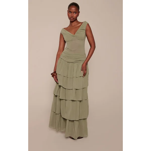 Vert Olive Robe Longue Évasée À Taille Basse Et Encolure Bardot