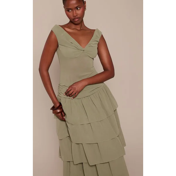 Vert Olive Robe Longue Évasée À Taille Basse Et Encolure Bardot