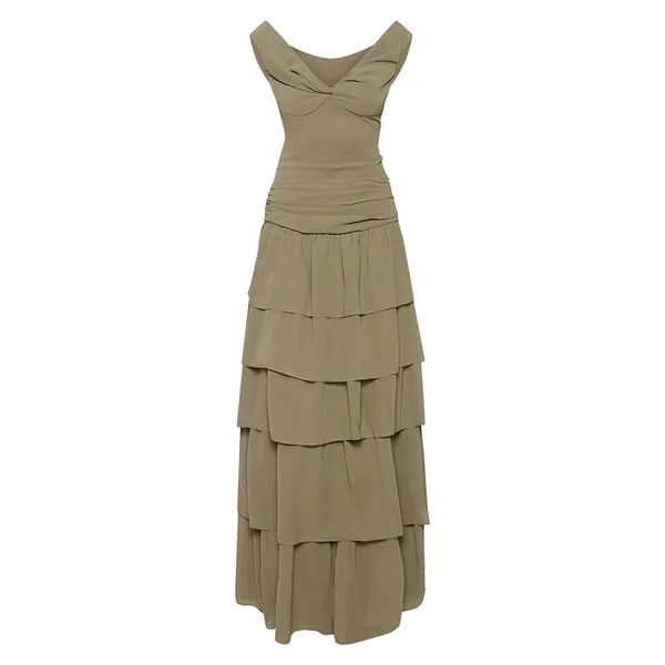 Vert Olive Robe Longue Évasée À Taille Basse Et Encolure Bardot