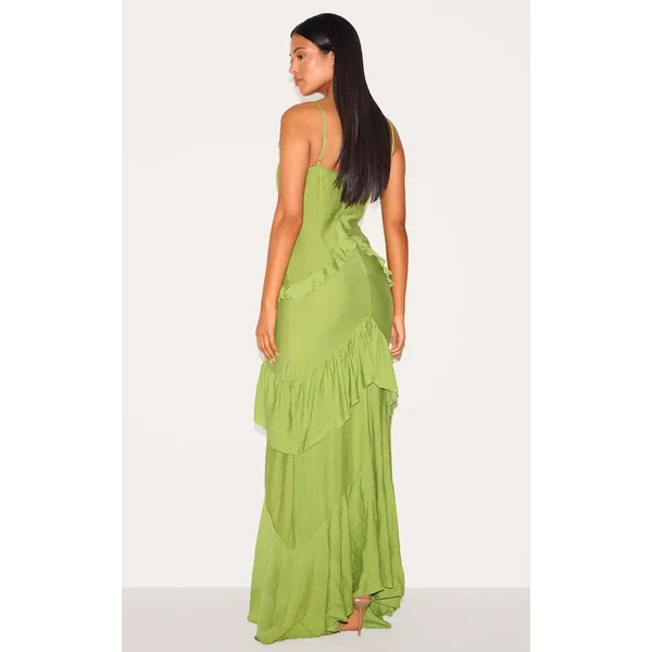 Vert Olive Robe Maxi Texturée À Volants Pour Grande Taille