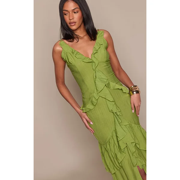 Vert Olive Robe Maxi Texturée À Volants Pour Grande Taille