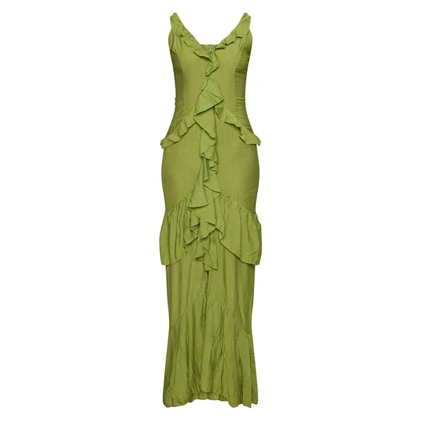 Vert Olive Robe Maxi Texturée À Volants Pour Grande Taille