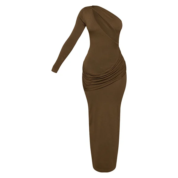 Vert Olive Robe Maxi Tricotée Petite Asymétrique À Manche Longue Et Taille Drapée