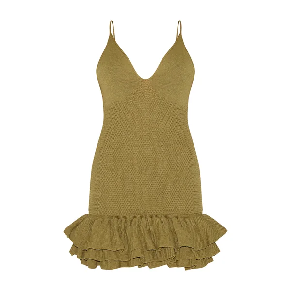 Vert Olive Robe Mini À Bretelles En Maille Avec Ourlet À Volants Petite