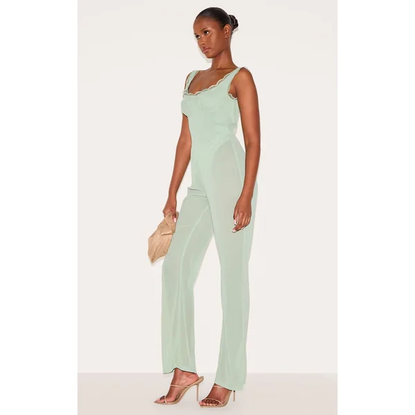 Vert Sauge Combinaison Évasée En Mousseline À Imprimé Floral Avec Détail Corset