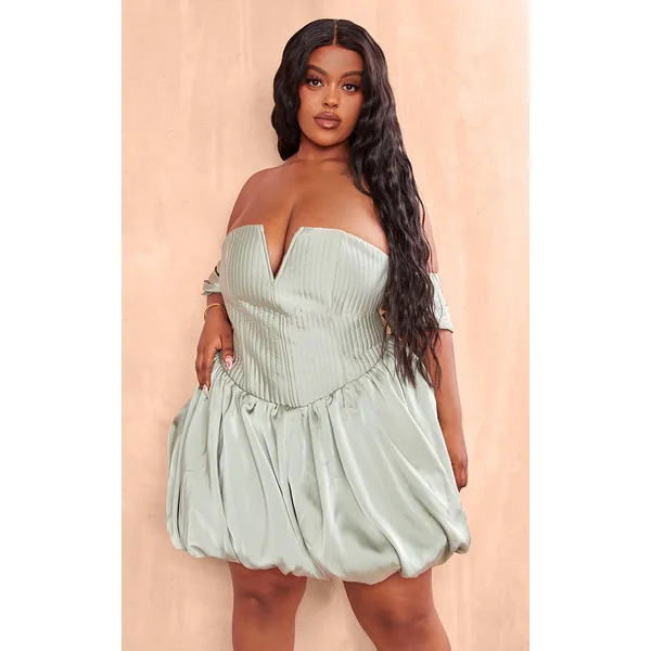 Vert Sauge Robe Droite Grande Taille En Satin Rose Avec Épaules Dénudées Et Volume Bouffant