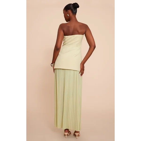 Vert Sauge Robe Maxi Bandeau À Jupe Plissée En Mousseline Avec Panneaux