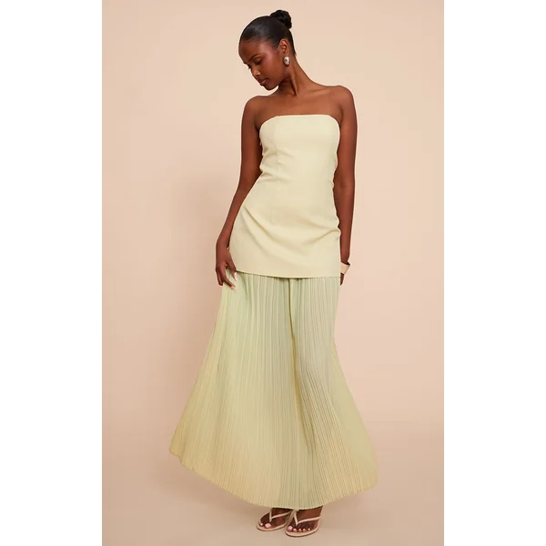 Vert Sauge Robe Maxi Bandeau À Jupe Plissée En Mousseline Avec Panneaux