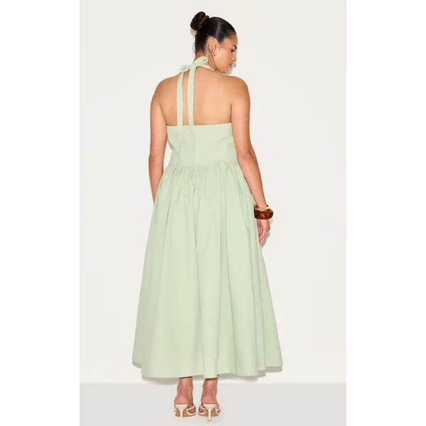 Vert Sauge Robe Midaxi Grande Taille Col Licou Avec Détail Nœud
