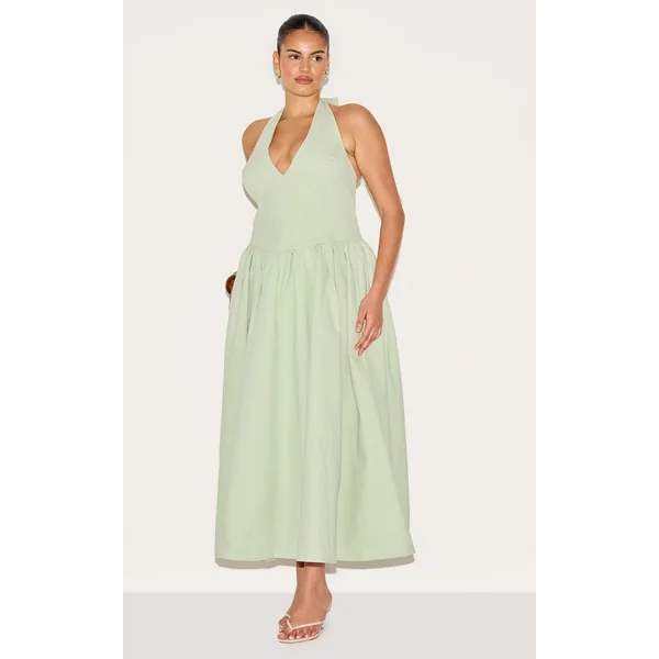 Vert Sauge Robe Midaxi Grande Taille Col Licou Avec Détail Nœud
