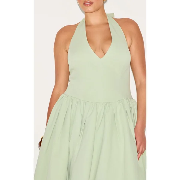 Vert Sauge Robe Midaxi Grande Taille Col Licou Avec Détail Nœud