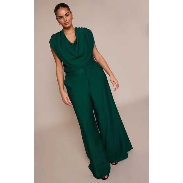 Vert Émeraude Pantalon Large Taille Haute Tissé Grande Taille Ensemble Coordonné